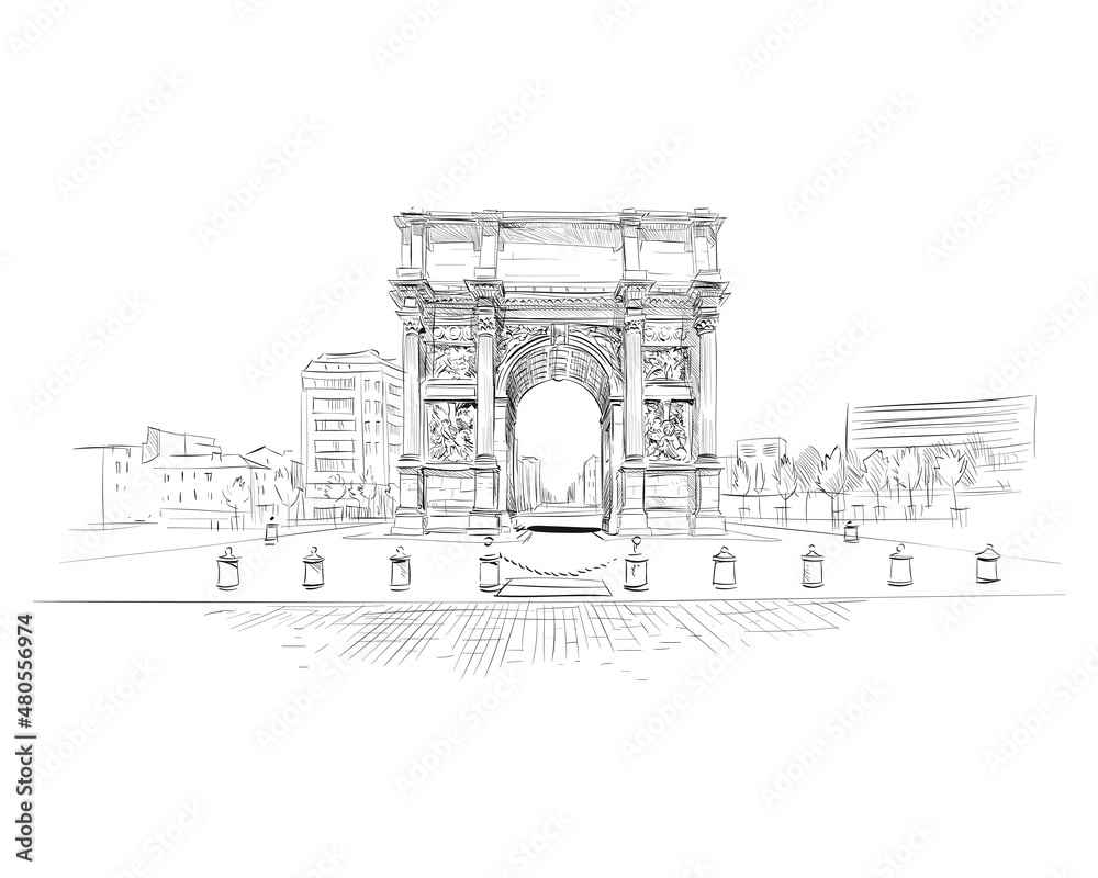 France. Marseille. Triumphal Arch Porte d'Aix. Hand drawn sketch. Vector illustration.