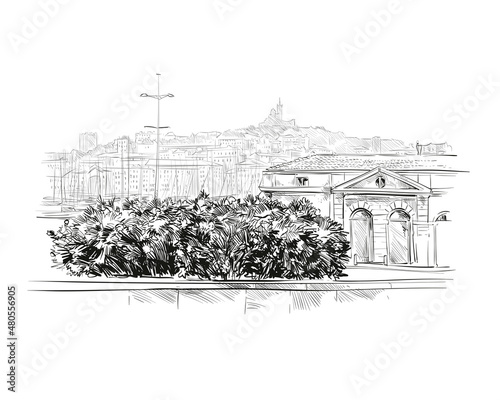 France. Marseille. Old port. Notre-Dame de la Garde. Hand drawn sketch. Vector illustration.