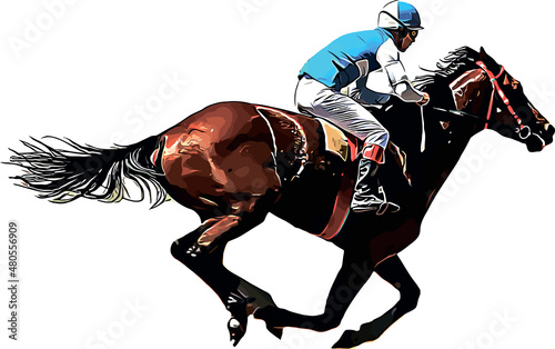Racehorse with jockey at races. Isolated on a white background