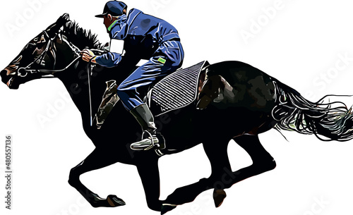 Racehorse with jockey at races. Isolated on a white background