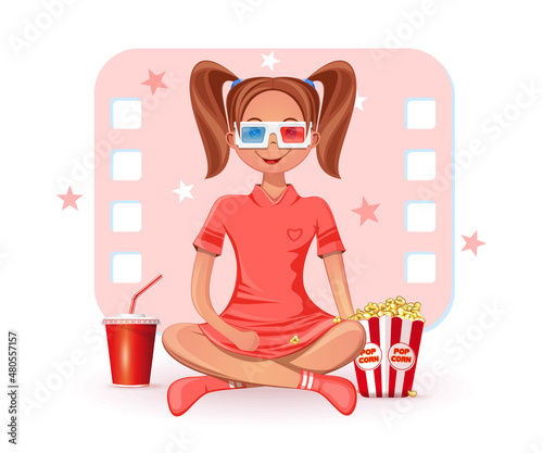 Girl sitting cross-legged on the floor, drinks cola, eats popcorn and watches a movie in 3D glasses. Young cute lady in 3D glasses is watching favorite movie. Cinema concept. Vector illustration photo
