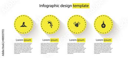 Set Witch hat, Sword for game, Medieval shield with axe and Bottle potion. Business infographic template. Vector