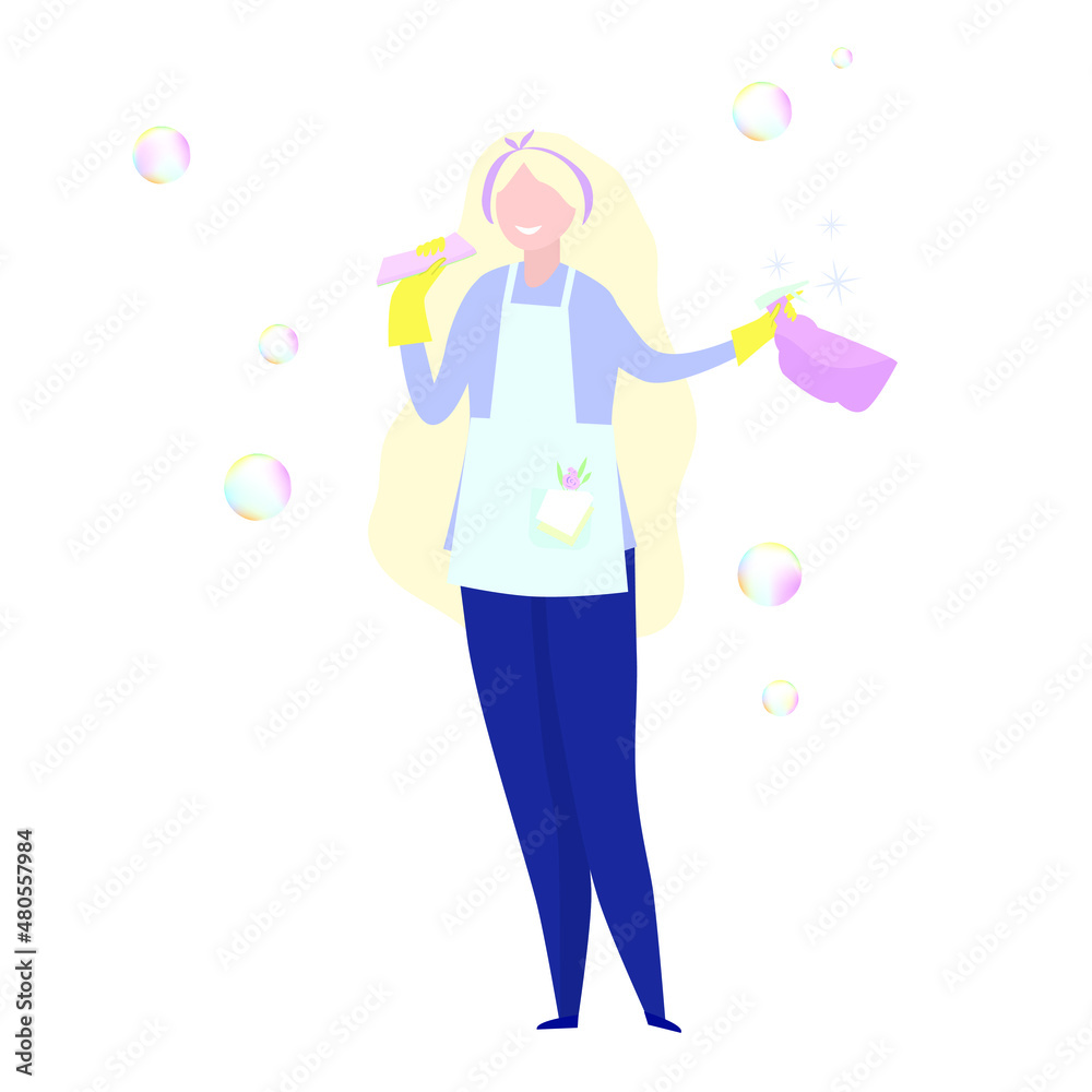 Blond woman. Beautiful cleaning lady with sponge and cleaning agent in a bottle. Vector illustration.