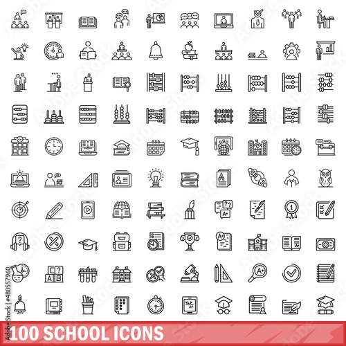 100 school icons set, outline style