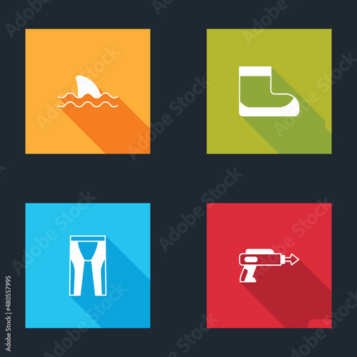 Set Shark, Boots, Wetsuit for scuba diving and Fishing harpoon icon. Vector