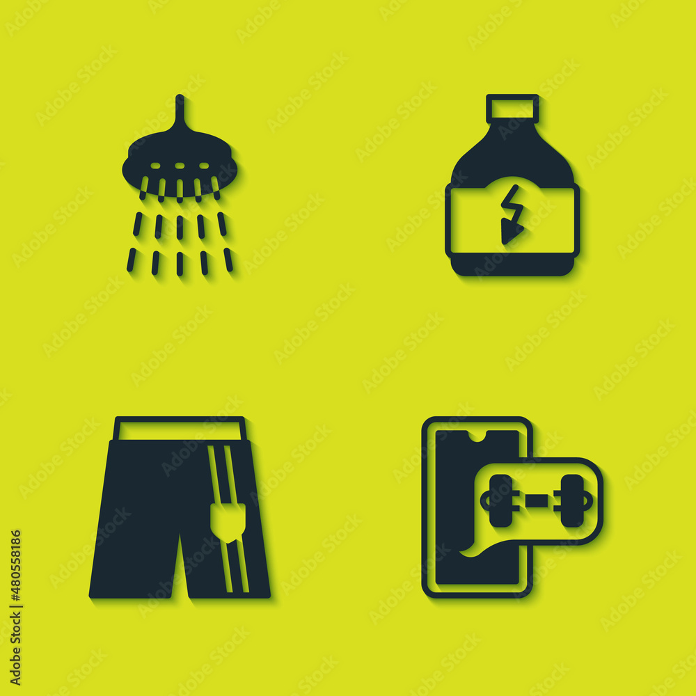 Set Shower, Fitness app, Short or pants and Sports nutrition icon. Vector