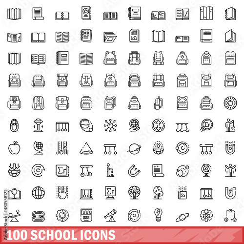 Valokuvatapetti 100 school icons set, outline style