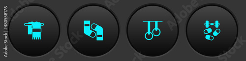 Set Towel on hanger, Socks, Gymnastic rings and Sports doping with dumbbell icon. Vector