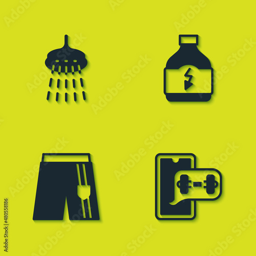 Set Shower  Fitness app  Short or pants and Sports nutrition icon. Vector