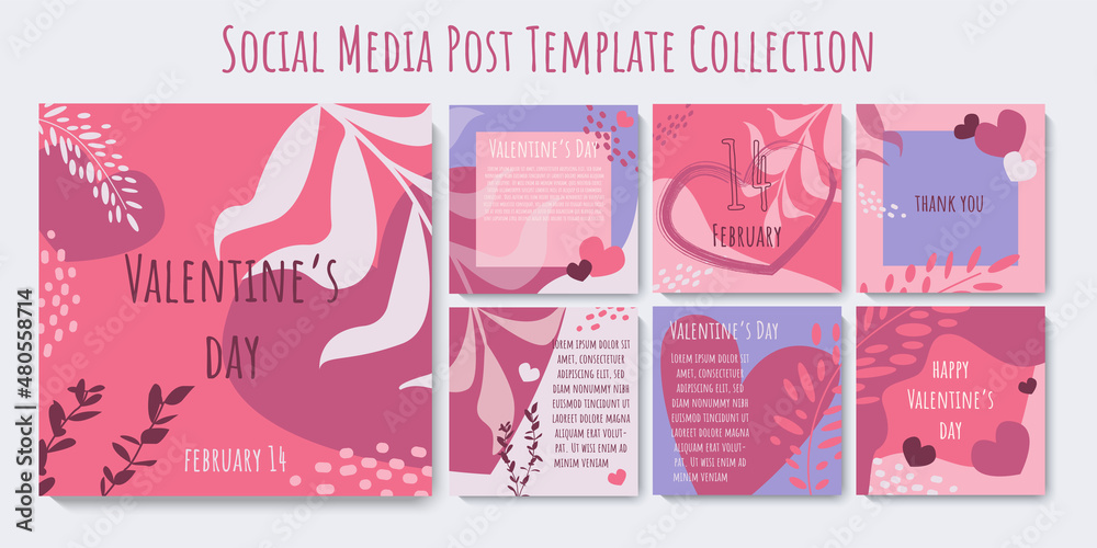 Obraz premium Social media post template love collection. Valentine's Day banner design in blue and pink colors. Set of trendy templates perfect for greeting cards, story, web internet ads. Vector illustration