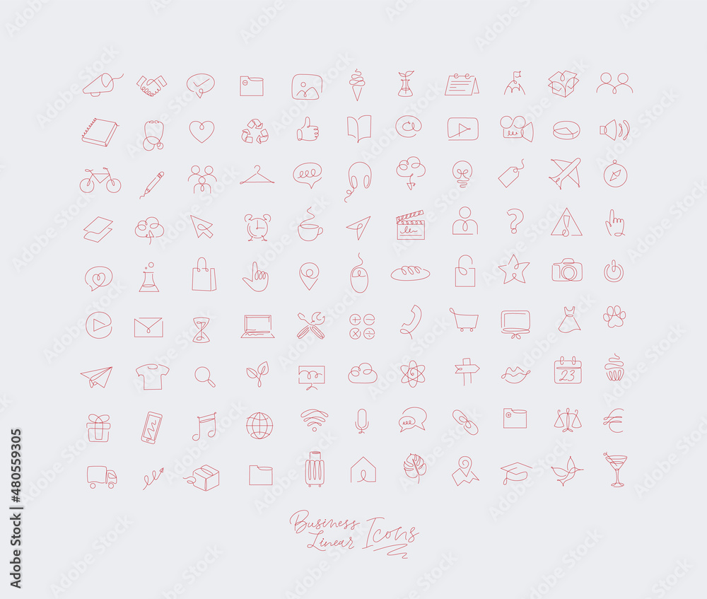 Minimalist linear icons for business drawing with red lines on white background. Minimalist linear icons for business drawing with red lines on white background.