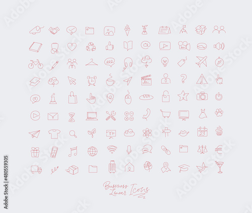 Minimalist linear icons for business drawing with red lines on white background.