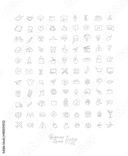 Minimalist linear icons for business drawing on white background.