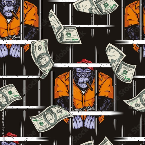 Gorilla prisoner in jail seamless pattern