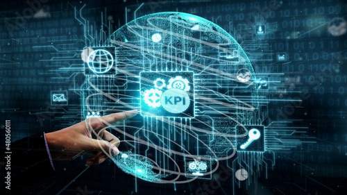 KPI Key Performance Indicator for Business conceptual - Modern graphic interface showing symbols of job target evaluation and analytical numbers for marketing KPI management. photo