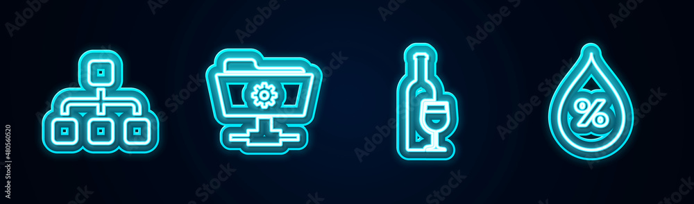 Set line Hierarchy organogram chart, FTP settings folder, Wine bottle with glass and Water drop percentage. Glowing neon icon. Vector Set line Hierarchy organogram chart, FTP settings folder, Wine bottle with glass and Water drop percentage. Glowing neon icon. Vector
