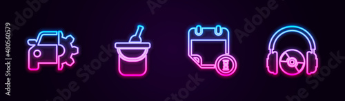 Set line Car service, Bottle of wine in bucket, Calendar and clock and Headphones CD or DVD. Glowing neon icon. Vector