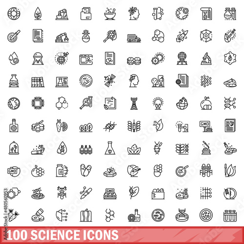 100 science icons set, outline style