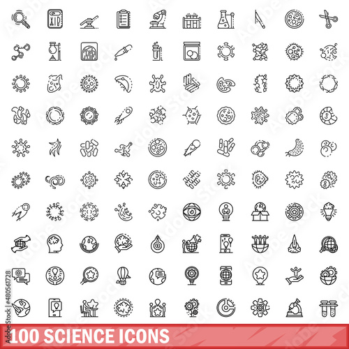 100 science icons set, outline style