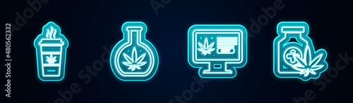 Set line Cup coffee with marijuana, Test tube, Online buying and Medical bottle. Glowing neon icon. Vector