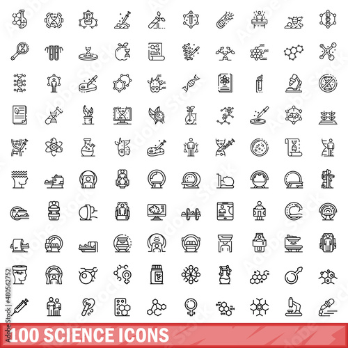 100 science icons set, outline style