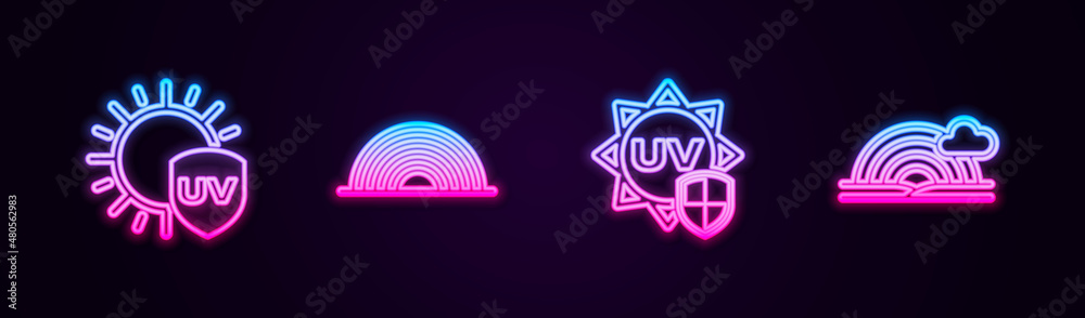 Set line UV protection, Rainbow, and with cloud. Glowing neon icon. Vector Set line UV protection, Rainbow, and with cloud. Glowing neon icon. Vector