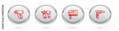 Set line Electric industrial dryer, Nail gun, jigsaw and drill machine. Silver circle button. Vector