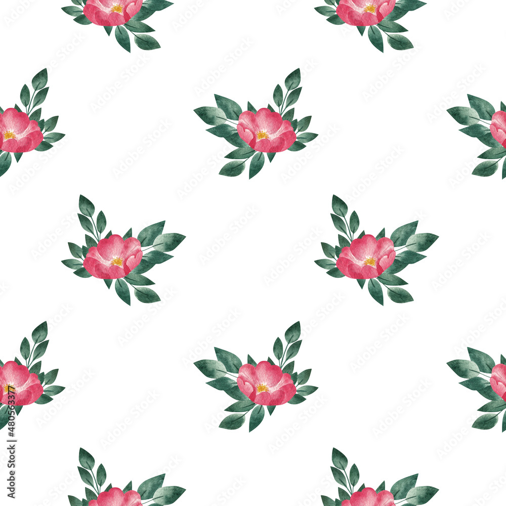 Fototapeta premium Pink rosehip flowers, seamless pattern. watercolor background