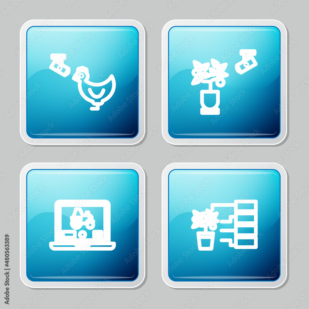 Set line Chicken farm and camera, Smart farming technology, Laptop application for smart and Flower analysis icon. Vector