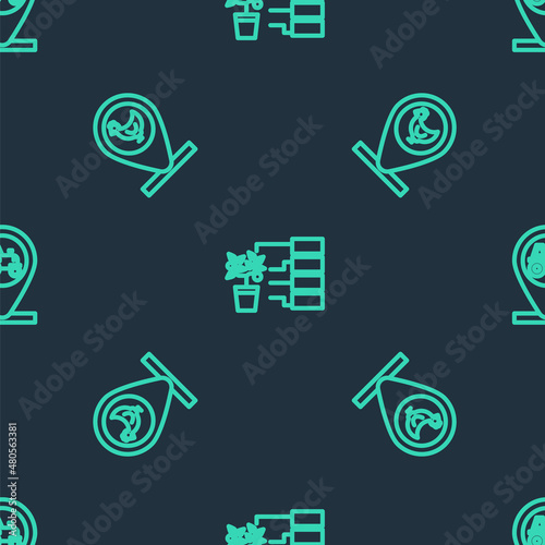 Set line Flower analysis, Chicken farm and location and Tractor on seamless pattern. Vector