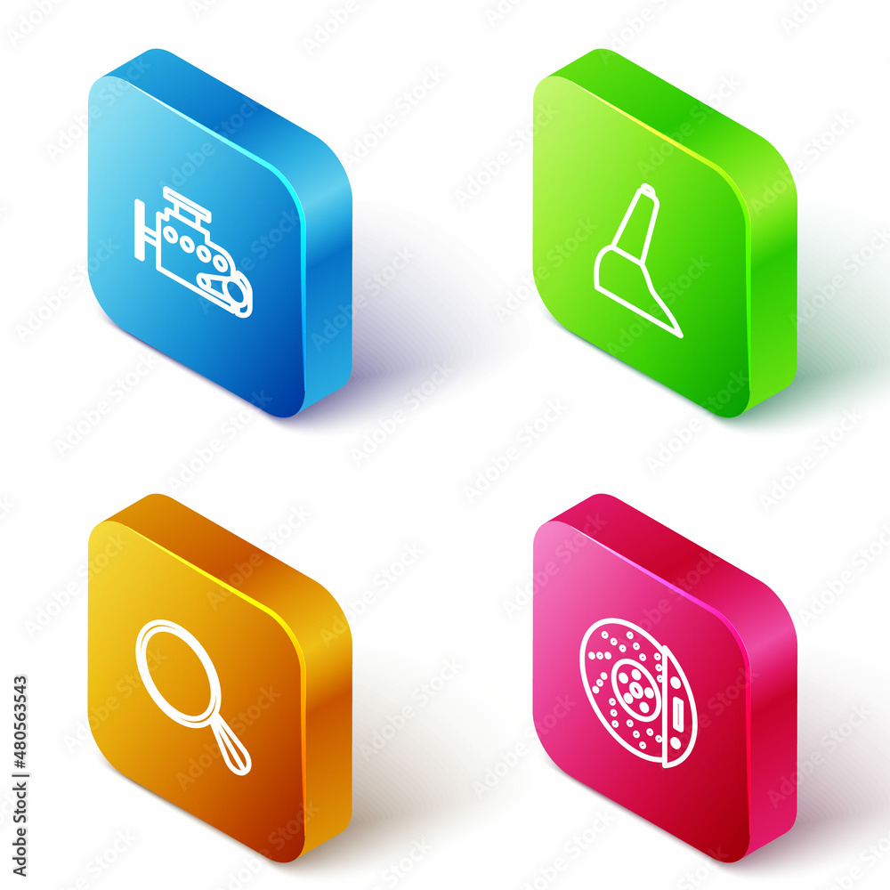 Set Isometric line Car engine, handbrake, mirror and disk with caliper icon. Vector Set Isometric line Car engine, handbrake, mirror and disk with caliper icon. Vector