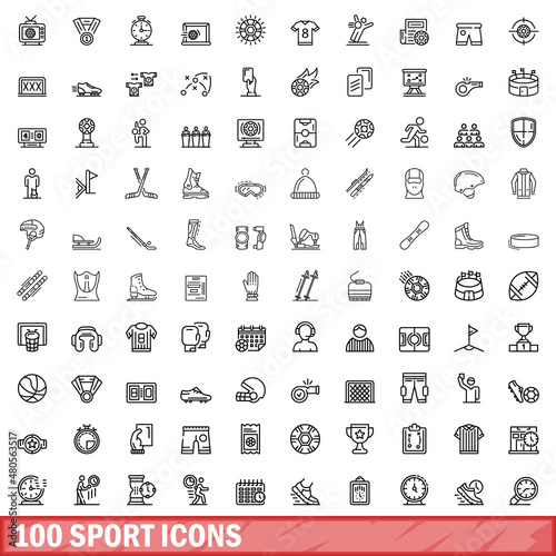 100 sport icons set, outline style