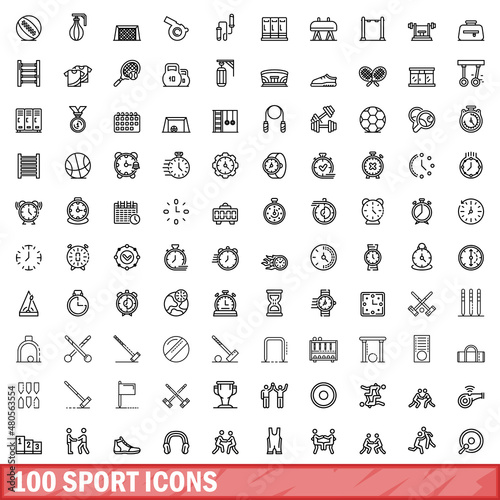 100 sport icons set, outline style