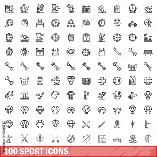 100 sport icons set, outline style
