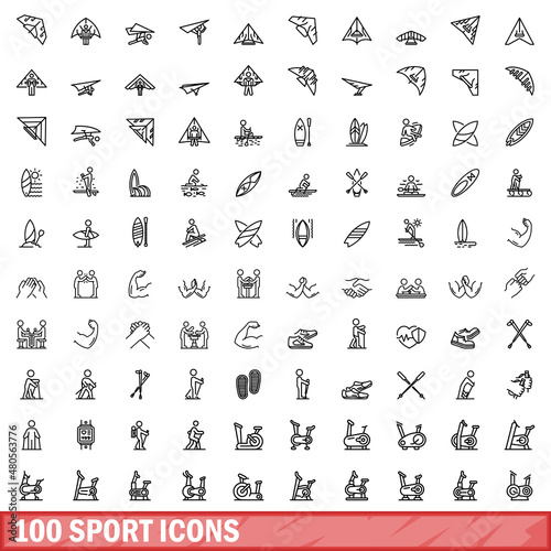 100 sport icons set  outline style