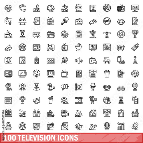 100 television icons set, outline style