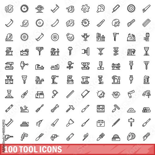 100 tool icons set, outline style