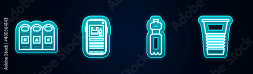 Set line Trash in garbage cans sorted, Stop plastic pollution, Bottle of water and Paper glass. Glowing neon icon. Vector