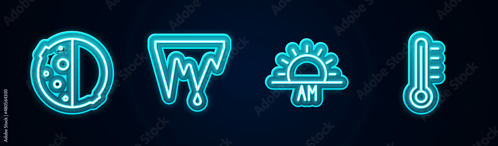 Set line Eclipse of the sun, Icicle, Sunrise and Meteorology thermometer. Glowing neon icon. Vector Set line Eclipse of the sun, Icicle, Sunrise and Meteorology thermometer. Glowing neon icon. Vector