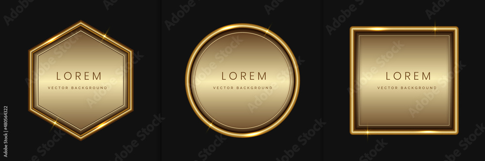 Set of abstract luxury golden geometric frame design, square, circle and hexagon with lighting effect. Modern luxury with copy space for text.