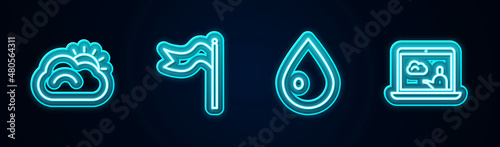 Set line Sun and cloud, Meteorology windsock wind vane, Water drop and Weather forecast. Glowing neon icon. Vector