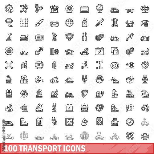 100 transport icons set, outline style
