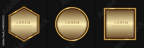 Set of abstract luxury golden geometric frame design, square, circle and hexagon with lighting effect. Modern luxury with copy space for text.