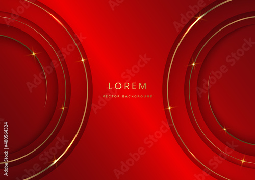 Luxury 3d template design circles overlapping layers stripes and gold glitter line light on red elegant background with copy space for text.