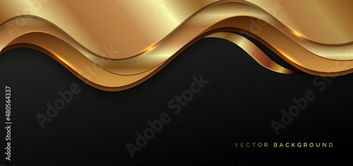 Abstract luxury 3d background gold elegant line on wave shape overlapping on black background with copy space for text.