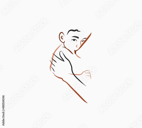 Hand drawn vector abstract stock flat graphic contemporary line art,aesthetic fashion illustration with bohemian, modern female lactation with a baby in her arms in simple trendy style,for branding.