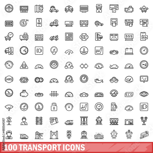100 transport icons set, outline style