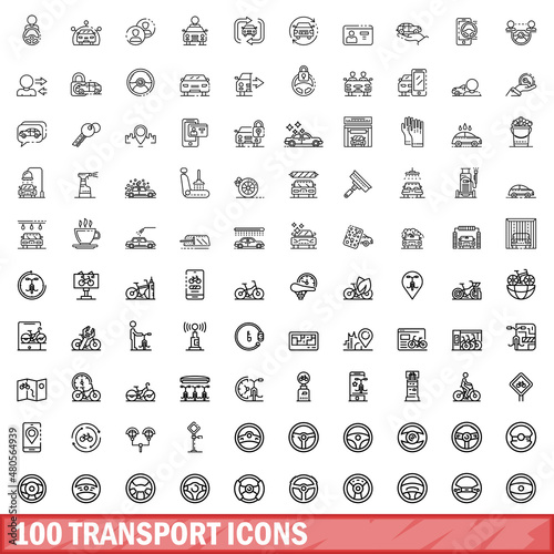 100 transport icons set, outline style