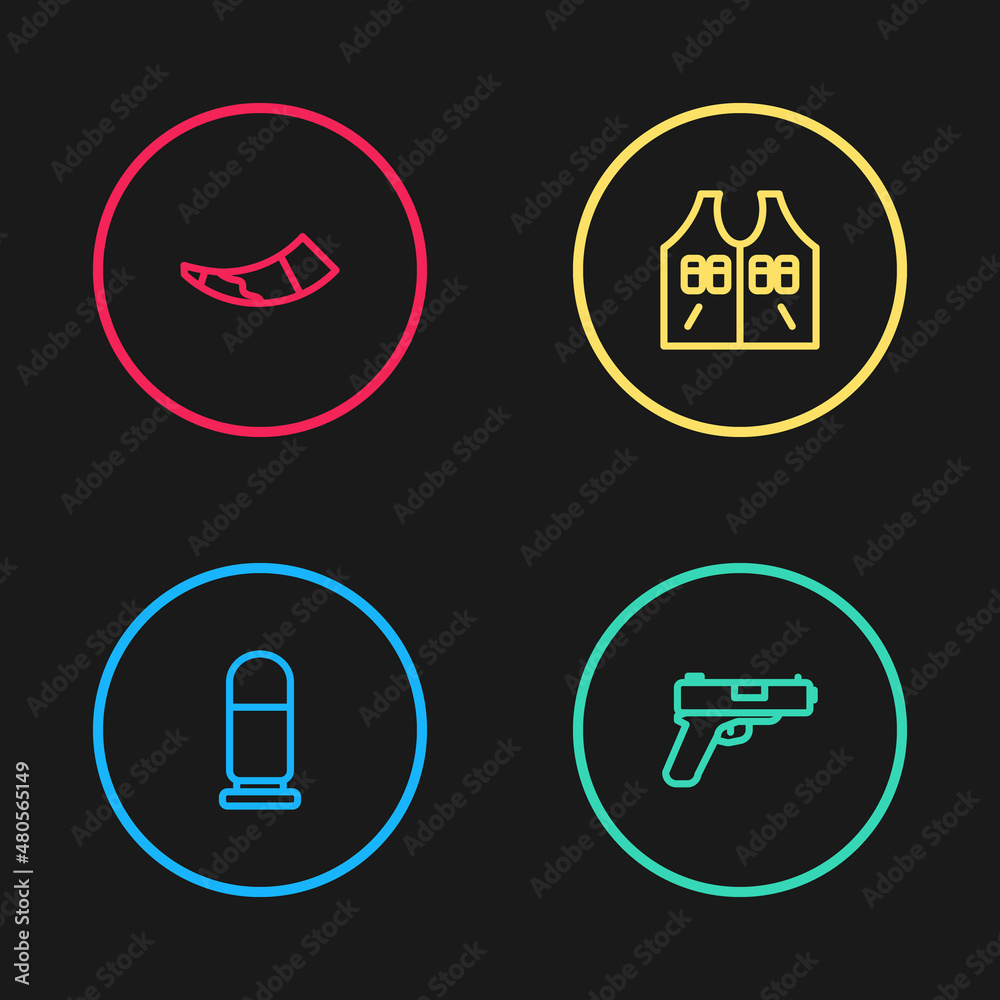 Set line Bullet, Pistol or gun, Hunting jacket and horn icon. Vector
