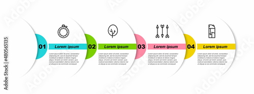 Set line Canteen water bottle, Tree, Hipster arrows and Lighter. Business infographic template. Vector